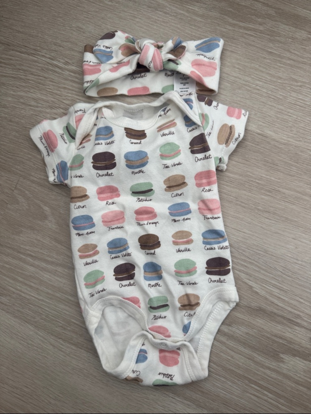 White Macaron Print Baby One-Piece Bodysuit with Matching Headband